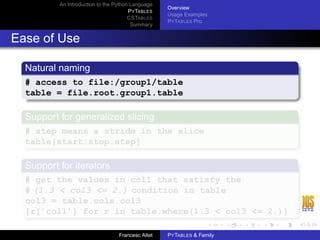 An Introduction to the Python Language
P Y TABLES
CSTABLES
Summary

Overview
Usage Examples
P Y TABLES Pro

Ease of Use
Natural naming
# access to file:/group1/table
table = file.root.group1.table

Support for generalized slicing
# step means a stride in the slice
table[start:stop:step]

Support for iterators
# get the values in col1 that satisfy the
# (1.3 < col3 <= 2.) condition in table
col3 = table.cols.col3
[r[’col1’] for r in table.where(1.3 < col3 <= 2.)]
Francesc Altet

P Y TABLES & Family

 