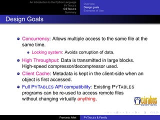 An Introduction to the Python Language
P Y TABLES
CSTABLES
Summary

Overview
Design goals
Examples of Use

Design Goals
Concurrency: Allows multiple access to the same ﬁle at the
same time.
Locking system: Avoids corruption of data.

High Throughput: Data is transmitted in large blocks.
High-speed compressor/decompressor used.
Client Cache: Metadata is kept in the client-side when an
object is ﬁrst accessed.
Full P Y TABLES API compatibility: Existing P Y TABLES
programs can be re-used to access remote ﬁles
without changing virtually anything.

Francesc Altet

P Y TABLES & Family

 