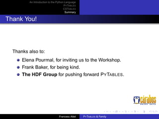 An Introduction to the Python Language
P Y TABLES
CSTABLES
Summary

Thank You!

Thanks also to:
Elena Pourmal, for inviting us to the Workshop.
Frank Baker, for being kind.
The HDF Group for pushing forward P Y TABLES.

Francesc Altet

P Y TABLES & Family

 
