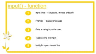 input() - function
Typecasting the input
4
Multiple inputs in one line
5
Gets a string from the user
3
Input type → keyboard, mouse or touch
1
Prompt → display message
2
 