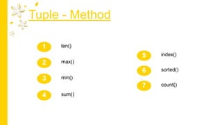 Tuple - Method
len()
1
max()
2
min()
3
sum()
4
sorted()
6
count()
7
index()
5
 