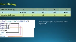 List Slicing:
x=list(('cricket','abc',42,29.0,True))
print(x[-1])
print(x[2])
print(x[0])
#Output:
True
42
cricket
Positive indexing 0 1 2 3 4
List Cricket abc 42 29.0 True
Negative indexing -5 -4 -3 -2 -1
Note: Slicingis helpful to get a subset of the
original list
 