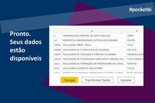 Pronto.
Seus dados
estão
disponíveis
#pocketbi
 