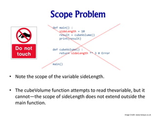 Scope Problem
• Note the scope of the variable sideLength.
• The cubeVolume function attempts to read thevariable, but it
cannot—the scope of sideLength does not extend outside the
main function.
def main() :
sideLength = 10
result = cubeVolume()
print(result)
def cubeVolume() :
return sideLength ** 3 # Error
main()
Image Credit: www.lexique.co.uk
 
