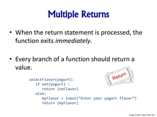 Multiple Returns
• When the return statement is processed, the
function exits immediately.
• Every branch of a function should return a
value.
selectFlavor(yogurt):
if not(yogurt) :
return (noFlavor)
else:
myFlavor = input(“Enter your yogurt flavor”)
return (myFlavor)
Image Credit: www.clker.com
 