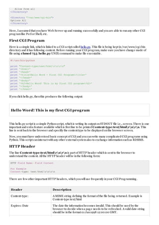 Allow from all
</Directory>
<Directory "/var/www/cgi-bin">
Options All
</Directory>
Here, I assumed that youhave Web Server up and running successfully and youare able to runany other CGI
programlike Perlor Shell, etc.
First CGI Program
Here is a simple link, whichis linked to a CGI script called hello.py. This file is being kept in/var/www/cgi-bin
directory and it has following content. Before running your CGI program, make sure youhave change mode of
file using chmod 755 hello.py UNIX command to make file executable.
#!/usr/bin/python
print "Content-type:text/htmlrnrn"
print '<html>'
print '<head>'
print '<title>Hello Word - First CGI Program</title>'
print '</head>'
print '<body>'
print '<h2>Hello Word! This is my first CGI program</h2>'
print '</body>'
print '</html>'
If youclick hello.py, thenthis produces the following output:
Hello Word! This is my first CGI program
This hello.py script is a simple Pythonscript, whichis writing its output onSTDOUT file i.e., screen. There is one
important and extra feature available whichis first line to be printed Content-type:text/htmlrnrn. This
line is sent back to the browser and specifiy the content type to be displayed onthe browser screen.
Now, youmust have understood basic concept of CGI and youcanwrite many complicated CGI programs using
Python. This script caninteract withany other externalsystemalso to exchange informationsuchas RDBMS.
HTTP Header
The line Content-type:text/htmlrnrn is part of HTTP header whichis sent to the browser to
understand the content. Allthe HTTP header willbe inthe following form:
HTTP Field Name: Field Content
For Example
Content-type: text/htmlrnrn
There are few other important HTTP headers, whichyouwilluse frequently inyour CGI Programming.
Header Description
Content-type: A MIME string defining the format of the file being returned. Example is
Content-type:text/html
Expires: Date The date the informationbecomes invalid. This should be used by the
browser to decide whena page needs to be refreshed. A valid date string
should be inthe format 01 Jan1998 12:00:00 GMT.
 