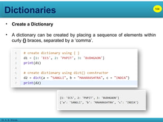 Dictionaries
Dr. A. B. Shinde
• Create a Dictionary
• A dictionary can be created by placing a sequence of elements within
curly {} braces, separated by a ‘comma’.
104
 