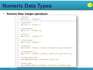 Numeric Data Types
Dr. A. B. Shinde
• Numeric Data: Integer operations
8
 
