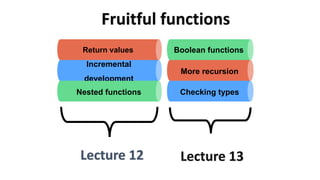 Fruitful functions
Lecture 12 Lecture 13
Return values
Incremental
development
Nested functions
Boolean functions
More recursion
Checking types
 