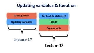 Lecture 17
Lecture 18
Reassignment
Updating variables Break
Square roots
for & while statement
Updating variables & Iteration
 