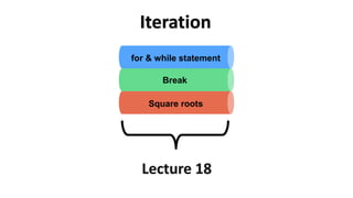 Iteration
Lecture 18
Break
Square roots
for & while statement
 