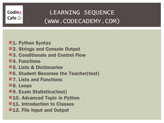 1. Python Syntax
2. Strings and Console Output
3. Conditionals and Control Flow
4. Functions
5. Lists & Dictionaries
6. Student Becomes the Teacher(test)
7. Lists and Functions
8. Loops
9. Exam Statistics(test)
10. Advanced Topic in Python
11. Introduction to Classes
12. File Input and Output
LEARNING SEQUENCE
(WWW.CODECADEMY.COM)
 