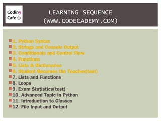 1. Python Syntax
2. Strings and Console Output
3. Conditionals and Control Flow
4. Functions
5. Lists & Dictionaries
6. Student Becomes the Teacher(test)
7. Lists and Functions
8. Loops
9. Exam Statistics(test)
10. Advanced Topic in Python
11. Introduction to Classes
12. File Input and Output
LEARNING SEQUENCE
(WWW.CODECADEMY.COM)
1. Python Syntax
2. Strings and Console Output
3. Conditionals and Control Flow
4. Functions
5. Lists & Dictionaries
6. Student Becomes the Teacher(test)
7. Lists and Functions
8. Loops
9. Exam Statistics(test)
10. Advanced Topic in Python
11. Introduction to Classes
12. File Input and Output
 
