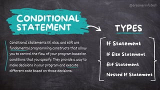 Conditional statements (if, else, and elif) are
fundamental programming constructs that allow
you to control the flow of your program based on
conditions that you specify. They provide a way to
make decisions in your program and execute
different code based on those decisions.
CONDITIONAL
STATEMENT
If Statement
If Else Statement
Elif Statement
Nested If Statement
TYPES
@dreamerinfotech
 
