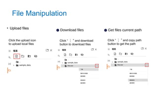 • Upload files
Click the upload icon
to upload local files
● Download files ● Get files current path
Click “ ”
⋮ and download
button to download files
Click “ ”
⋮ and copy path
button to get the path
File Manipulation
 