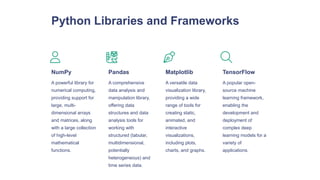 Python Libraries and Frameworks
NumPy
A powerful library for
numerical computing,
providing support for
large, multi-
dimensional arrays
and matrices, along
with a large collection
of high-level
mathematical
functions.
Pandas
A comprehensive
data analysis and
manipulation library,
offering data
structures and data
analysis tools for
working with
structured (tabular,
multidimensional,
potentially
heterogeneous) and
time series data.
Matplotlib
A versatile data
visualization library,
providing a wide
range of tools for
creating static,
animated, and
interactive
visualizations,
including plots,
charts, and graphs.
TensorFlow
A popular open-
source machine
learning framework,
enabling the
development and
deployment of
complex deep
learning models for a
variety of
applications.
 
