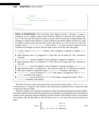106 CHAPTER 6 RECURSION
return 1
else: # Recursive step
return n * factorial(n - 1) # Recursive call
In [2]: factorial(3)
Out[2]: 6
WHAT IS HAPPENING? First recall that when Python executes a function, it creates a
workspace for the variables created in that function. Whenever a function calls another func-
tion, it will wait until that function returns an answer before continuing. In programming, this
workspace is called a stack. Similar to a stack of plates in our kitchen cabinet, elements in a stack
are added or removed from the top of the stack to the bottom, in a “last in, first out” order. For
example, in the np.sin(np.tan(x)), sin must wait for tan to return an answer before it can be
evaluated. Even though a recursive function makes calls to itself, the same rules apply.
1. A call is made to factorial(3), whereby a new workspace is opened to compute facto-
rial(3).
2. Input argument value 3 is compared to 1. Since they are not equal, the else statement is
executed.
3. 3*factorial(2) must be computed. A new workspace is opened to compute factorial(2).
4. Input argument value 2 is compared to 1. Since they are not equal, the else statement is
executed.
5. 2*factorial(1) must be computed. A new workspace is opened to compute factorial(1).
6. Input argument value 1 is compared to 1. Since they are equal, the if statement is executed.
7. The return variable is assigned the value 1. factorial(1) terminates with output 1.
8. 2*factorial(1) can be resolved to 2 × 1 = 2. The output is assigned the value 2. facto-
rial(2) terminates with output 2.
9. 3*factorial(2) can be resolved to 3 × 2 = 6. The output is assigned the value 6. Thus fac-
torial(3) terminates with output 6.
The order of recursive calls can be depicted by a recursion tree shown in Fig. 6.1 for factorial(3).
A recursion tree is a diagram of the function calls connected by numbered arrows to depict the order
in which the calls were made.
Fibonacci numbers were originally developed to model the idealized population growth of rabbits.
Since then, they have been found to be significant in any naturally occurring phenomena. The Fibonacci
numbers can be generated using the following recursive formula. Note that the recursive step contains
two recursive calls and that there are also two base cases (i.e., two cases that cause the recursion to
stop):
F(n) =
⎧
⎪
⎨
⎪
⎩
1 if n = 1,
1 if n = 2,
F(n − 1) + F(n − 2) otherwise.
(6.2)
 