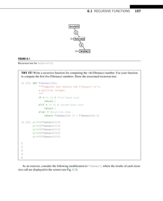 6.1 RECURSIVE FUNCTIONS 107
FIGURE 6.1
Recursion tree for factorial(3).
TRY IT! Write a recursive function for computing the nth Fibonacci number. Use your function
to compute the first five Fibonacci numbers. Draw the associated recursion tree.
In [3]: def fibonacci(n):
Computes and returns the Fibonacci of n,
a positive integer.

if n == 1: # first base case
return 1
elif n == 2: # second base case
return 1
else: # Recursive step
return fibonacci(n-1) + fibonacci(n-2)
In [4]: print(fibonacci(1))
print(fibonacci(2))
print(fibonacci(3))
print(fibonacci(4))
print(fibonacci(5))
1
1
2
3
5
As an exercise, consider the following modification to fibonacci, where the results of each recur-
sive call are displayed to the screen (see Fig. 6.2).
 