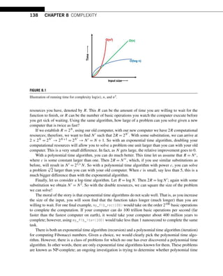 138 CHAPTER 8 COMPLEXITY
FIGURE 8.1
Illustration of running time for complexity log(n), n, and n2.
resources you have, denoted by R. This R can be the amount of time you are willing to wait for the
function to finish, or R can be the number of basic operations you watch the computer execute before
you get sick of waiting. Using the same algorithm, how large of a problem can you solve given a new
computer that is twice as fast?
If we establish R = 2N , using our old computer, with our new computer we have 2R computational
resources; therefore, we want to find N such that 2R = 2N
. With some substitution, we can arrive at
2 × 2N = 2N
→ 2N+1 = 2N
→ N = N + 1. So with an exponential time algorithm, doubling your
computational resources will allow you to solve a problem one unit larger than you can with your old
computer. This is a very small difference. In fact, as N gets large, the relative improvement goes to 0.
With a polynomial time algorithm, you can do much better. This time let us assume that R = Nc,
where c is some constant larger than one. Then 2R = Nc
, which, if you use similar substitutions as
before, will result in N = 21/cN. So with a polynomial time algorithm with power c, you can solve
a problem c
√
2 larger than you can with your old computer. When c is small, say less than 5, this is a
much bigger difference than with the exponential algorithm.
Finally, let us consider a log-time algorithm. Let R = logN. Then 2R = logN; again with some
substitution we obtain N = N2. So with the double resources, we can square the size of the problem
we can solve!
The moral of the story is that exponential time algorithms do not scale well. That is, as you increase
the size of the input, you will soon find that the function takes longer (much longer) than you are
willing to wait. For one final example, my_fib_rec(100) would take on the order 2100 basic operations
to complete the computation. If your computer can do 100 trillion basic operations per second (far
faster than the fastest computer on earth), it would take your computer about 400 million years to
complete; however, using my_fib_iter(100) would take less than 1 nanosecond to complete the same
task.
There is both an exponential time algorithm (recursion) and a polynomial time algorithm (iteration)
for computing Fibonacci numbers. Given a choice, we would clearly pick the polynomial time algo-
rithm. However, there is a class of problems for which no one has ever discovered a polynomial time
algorithm. In other words, there are only exponential time algorithms known for them. These problems
are known as NP-complete; an ongoing investigation is trying to determine whether polynomial time
 