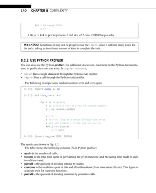 140 CHAPTER 8 COMPLEXITY
for i in range(200):
s += i
7.06 µs ± 414 ns per loop (mean ± std. dev. of 7 runs, 100000 loops each)
WARNING! Sometimes it may not be proper to use the timeit, since it will run many loops for
the code, taking an inordinate amount of time to complete the task.
8.3.2 USE PYTHON PROFILER
You can also use the Python profiler (for additional discussion, read more in the Python documenta-
tion) to profile the code you write. In Jupyter notebook,
• %prun: Run a single statement through the Python code profiler.
• %%prun: Run a cell through the Python code profiler.
The following example sums random numbers over and over again:
In [6]: import numpy as np
In [7]: def slow_sum(n, m):
for i in range(n):
# we create a size m array of random numbers
a = np.random.rand(m)
s = 0
# in this loop we iterate through the array
# and add elements to the sum one by one
for j in range(m):
s += a[j]
In [8]: %prun slow_sum(1000, 10000)
The results are shown in Fig. 8.2.
The table shows the following columns (from Python profiler):
• ncalls is the number of calls;
• tottime is the total time spent in performing the given function (and excluding time made in calls
to subfunctions);
• percall is the quotient of dividing tottime by ncalls;
• cumtime is the total time spent in this and all subfunctions (from invocation till exit). This figure is
accurate even for recursive functions;
• percall is the quotient of dividing cumtime by primitive calls.
 