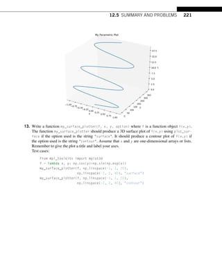 12.5 SUMMARY AND PROBLEMS 221
13. Write a function my_surface_plotter(f, x, y, option) where f is a function object f(x,y).
The function my_surface_plotter should produce a 3D surface plot of f(x,y) using plot_sur-
face if the option used is the string surface. It should produce a contour plot of f(x,y) if
the option used is the string contour. Assume that x and y are one-dimensional arrays or lists.
Remember to give the plot a title and label your axes.
Test cases:
from mpl_toolkits import mplot3d
f = lambda x, y: np.cos(y)*np.sin(np.exp(x))
my_surface_plotter(f, np.linspace(-1, 1, 20),
np.linspace(-2, 2, 40), surface)
my_surface_plotter(f, np.linspace(-1, 1, 20),
np.linspace(-2, 2, 40), contour)
 