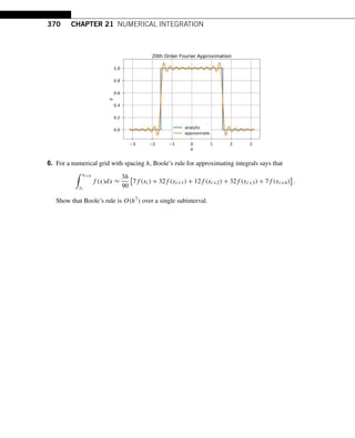 370 CHAPTER 21 NUMERICAL INTEGRATION
6. For a numerical grid with spacing h, Boole’s rule for approximating integrals says that
 xi+4
xi
f (x)dx ≈
3h
90

7f (xi) + 32f (xi+1) + 12f (xi+2) + 32f (xi+3) + 7f (xi+4) .
Show that Boole’s rule is O(h7) over a single subinterval.
 