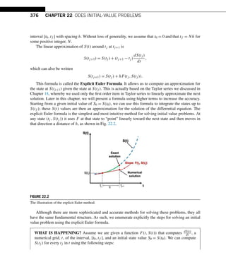 376 CHAPTER 22 ODES INITIAL-VALUE PROBLEMS
interval [t0,tf ] with spacing h. Without loss of generality, we assume that t0 = 0 and that tf = Nh for
some positive integer, N.
The linear approximation of S(t) around tj at tj+1 is
S(tj+1) = S(tj ) + (tj+1 − tj )
dS(tj )
dt
,
which can also be written
S(tj+1) = S(tj ) + hF(tj ,S(tj )).
This formula is called the Explicit Euler Formula. It allows us to compute an approximation for
the state at S(tj+1) given the state at S(tj ). This is actually based on the Taylor series we discussed in
Chapter 18, whereby we used only the first order item in Taylor series to linearly approximate the next
solution. Later in this chapter, we will present a formula using higher terms to increase the accuracy.
Starting from a given initial value of S0 = S(t0), we can use this formula to integrate the states up to
S(tf ); these S(t) values are then an approximation for the solution of the differential equation. The
explicit Euler formula is the simplest and most intuitive method for solving initial value problems. At
any state (tj ,S(tj )) it uses F at that state to “point” linearly toward the next state and then moves in
that direction a distance of h, as shown in Fig. 22.2.
FIGURE 22.2
The illustration of the explicit Euler method.
Although there are more sophisticated and accurate methods for solving these problems, they all
have the same fundamental structure. As such, we enumerate explicitly the steps for solving an initial
value problem using the explicit Euler formula.
WHAT IS HAPPENING? Assume we are given a function F(t,S(t)) that computes dS(t)
dt , a
numerical grid, t, of the interval, [t0,tf ], and an initial state value S0 = S(t0). We can compute
S(tj ) for every tj in t using the following steps:
 