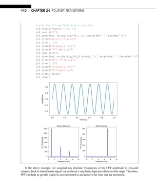 440 CHAPTER 24 FOURIER TRANSFORM
# plot the FFT amplitude before and after
plt.figure(figsize = (12, 6))
plt.subplot(121)
plt.stem(freq, np.abs(sig_fft), b, markerfmt= , basefmt=-b)
plt.title(Before filtering)
plt.xlim(0, 10)
plt.xlabel(Frequency (Hz))
plt.ylabel(FFT Amplitude)
plt.subplot(122)
plt.stem(freq, np.abs(sig_fft_filtered), b, markerfmt= , basefmt=-b)
plt.title(After filtering)
plt.xlim(0, 10)
plt.xlabel(Frequency (Hz))
plt.ylabel(FFT Amplitude)
plt.tight_layout()
plt.show()
In the above example, we assigned any absolute frequencies of the FFT amplitude to zero,and
returned back to time domain signal; we achieved a very basic high-pass filter in a few steps. Therefore,
FFT can help us get the signal we are interested in and remove the ones that are unwanted.
 