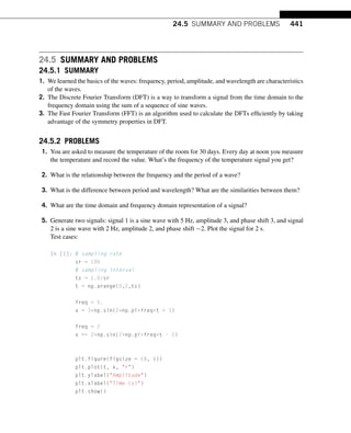 24.5 SUMMARY AND PROBLEMS 441
24.5 SUMMARY AND PROBLEMS
24.5.1 SUMMARY
1. We learned the basics of the waves: frequency, period, amplitude, and wavelength are characteristics
of the waves.
2. The Discrete Fourier Transform (DFT) is a way to transform a signal from the time domain to the
frequency domain using the sum of a sequence of sine waves.
3. The Fast Fourier Transform (FFT) is an algorithm used to calculate the DFTs efficiently by taking
advantage of the symmetry properties in DFT.
24.5.2 PROBLEMS
1. You are asked to measure the temperature of the room for 30 days. Every day at noon you measure
the temperature and record the value. What’s the frequency of the temperature signal you get?
2. What is the relationship between the frequency and the period of a wave?
3. What is the difference between period and wavelength? What are the similarities between them?
4. What are the time domain and frequency domain representation of a signal?
5. Generate two signals: signal 1 is a sine wave with 5 Hz, amplitude 3, and phase shift 3, and signal
2 is a sine wave with 2 Hz, amplitude 2, and phase shift −2. Plot the signal for 2 s.
Test cases:
In [1]: # sampling rate
sr = 100
# sampling interval
ts = 1.0/sr
t = np.arange(0,2,ts)
freq = 5.
x = 3*np.sin(2*np.pi*freq*t + 3)
freq = 2
x += 2*np.sin(2*np.pi*freq*t - 2)
plt.figure(figsize = (8, 6))
plt.plot(t, x, r)
plt.ylabel(Amplitude)
plt.xlabel(Time (s))
plt.show()
 