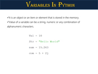 Variables IN Python
It is an object or an item or element that is stored in the memory.
Value of a variable can be a string, numeric or any combination of
alphanumeric characters.
 