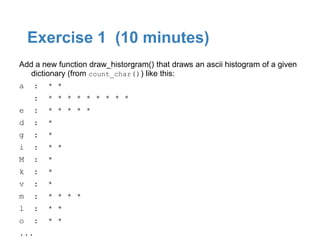 Exercise 1 (10 minutes)
Add a new function draw_historgram() that draws an ascii histogram of a given
   dictionary (from count_char()) like this:
a   :   * *
    :   * * * * * * * * *
e   :   * * * * *
d   :   *
g   :   *
i   :   * *
M   :   *
k   :   *
v   :   *
m   :   * * * *
l   :   * *
o   :   * *
...
 