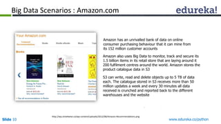 Big Data Scenarios : Amazon.com 
Amazon has an unrivalled bank of data on online 
consumer purchasing behaviour that it can mine from 
its 152 million customer accounts 
Amazon also uses Big Data to monitor, track and secure its 
1.5 billion items in its retail store that are laying around it 
200 fulfilment centres around the world. Amazon stores the 
product catalogue data in S3 
S3 can write, read and delete objects up to 5 TB of data 
each. The catalogue stored in S3 receives more than 50 
million updates a week and every 30 minutes all data 
received is crunched and reported back to the different 
warehouses and the website 
http://wp.streetwise.co/wp-content/uploads/2012/08/Amazon-Recommendations.png 
Slide 10 www.edureka.co/python 
 