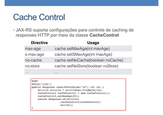 Cache Control
• JAX-RS suporta configurações para controle de caching de
responses HTTP por meio da classe CacheControl
@GET
@Path("{id}")
public Response read(@PathParam("id") int id) {
Article article = articleDao.findById(id);
CacheControl cacheControl = new CacheControl();
cacheControl.setMaxAge(60);
return Response.ok(article)
.cacheControl(cacheControl)
.build();
}
 