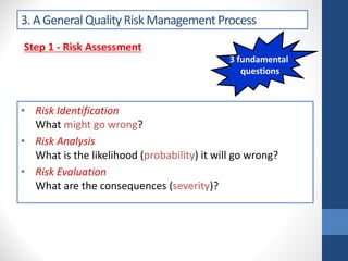 3. A General Quality Risk Management Process
Step 1 - Risk Assessment
3 fundamental
questions
• Risk Identification
What might go wrong?
• Risk Analysis
What is the likelihood (probability) it will go wrong?
• Risk Evaluation
What are the consequences (severity)?
 