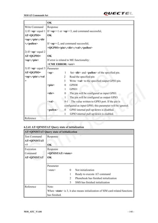 M10 AT Commands Set
M10_ATC_V1.04 - 140 -
OK
Response
If <op>=1 or <op>=3, and command successful,
OK
If <op>=2, and command successful,
+QGPIO:<pin>,<dir>,<val>,<pullen>
OK
If error is related to ME functionality:
+CME ERROR: <err>
Write Command
1) If <op> equal 1
AT+QGPIO=
<op>,<pin>,<dir
>,<pullen>
2) If <op> equal 2
AT+QGPIO=
<op>,<pin>
3) If <op> equal 3
AT+QGPIO=
<op>,<pin>,<val
>
Parameter
<op> 1 Set <dir> and <pullen> of the specified pin.
2 Read the specified pin
3 Write <val> to the specified output GPIO pin.
<pin> 0 GPIO0
1 GPIO1
<dir> 0 The pin will be configured as input GPIO.
1 The pin will be configured as output GPIO.
<val> 0-1 The value written to GPIO port. If the pin is
configured as input GPIO, this parameter will be ignored.
<pullen> 0 GPIO internal pull up/down is disabled.
1 GPIO internal pull up/down is enabled.
Reference
6.2.41 AT+QINISTAT Query state of initialization
AT+QINISTAT Query state of initialization
Test Command
AT+QINISTAT
=?
Response
OK
Response
+QINISTAT:<state>
OK
Execution
Command
AT+QINISTAT
Parameter
<state> 0 Not initialization
1 Ready to execute AT command
2 Phonebook has finished initialization
3 SMS has finished initialization
Reference Note:
When <state> is 3, it also means initialization of SIM card related functions
has finished.
Quectel
Confidential
 