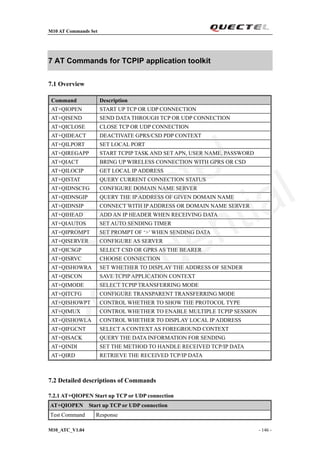 M10 AT Commands Set
M10_ATC_V1.04 - 146 -
7 AT Commands for TCPIP application toolkit
7.1 Overview
Command Description
AT+QIOPEN START UP TCP OR UDP CONNECTION
AT+QISEND SEND DATA THROUGH TCP OR UDP CONNECTION
AT+QICLOSE CLOSE TCP OR UDP CONNECTION
AT+QIDEACT DEACTIVATE GPRS/CSD PDP CONTEXT
AT+QILPORT SET LOCAL PORT
AT+QIREGAPP START TCPIP TASK AND SET APN, USER NAME, PASSWORD
AT+QIACT BRING UP WIRELESS CONNECTION WITH GPRS OR CSD
AT+QILOCIP GET LOCAL IP ADDRESS
AT+QISTAT QUERY CURRENT CONNECTION STATUS
AT+QIDNSCFG CONFIGURE DOMAIN NAME SERVER
AT+QIDNSGIP QUERY THE IP ADDRESS OF GIVEN DOMAIN NAME
AT+QIDNSIP CONNECT WITH IP ADDRESS OR DOMAIN NAME SERVER
AT+QIHEAD ADD AN IP HEADER WHEN RECEIVING DATA
AT+QIAUTOS SET AUTO SENDING TIMER
AT+QIPROMPT SET PROMPT OF ‘>’ WHEN SENDING DATA
AT+QISERVER CONFIGURE AS SERVER
AT+QICSGP SELECT CSD OR GPRS AS THE BEARER
AT+QISRVC CHOOSE CONNECTION
AT+QISHOWRA SET WHETHER TO DISPLAY THE ADDRESS OF SENDER
AT+QISCON SAVE TCPIP APPLICATION CONTEXT
AT+QIMODE SELECT TCPIP TRANSFERRING MODE
AT+QITCFG CONFIGURE TRANSPARENT TRANSFERRING MODE
AT+QISHOWPT CONTROL WHETHER TO SHOW THE PROTOCOL TYPE
AT+QIMUX CONTROL WHETHER TO ENABLE MULTIPLE TCPIP SESSION
AT+QISHOWLA CONTROL WHETHER TO DISPLAY LOCAL IP ADDRESS
AT+QIFGCNT SELECT A CONTEXT AS FOREGROUND CONTEXT
AT+QISACK QUERY THE DATA INFORMATION FOR SENDING
AT+QINDI SET THE METHOD TO HANDLE RECEIVED TCP/IP DATA
AT+QIRD RETRIEVE THE RECEIVED TCP/IP DATA
7.2 Detailed descriptions of Commands
7.2.1 AT+QIOPEN Start up TCP or UDP connection
AT+QIOPEN Start up TCP or UDP connection
Test Command Response
Quectel
Confidential
 