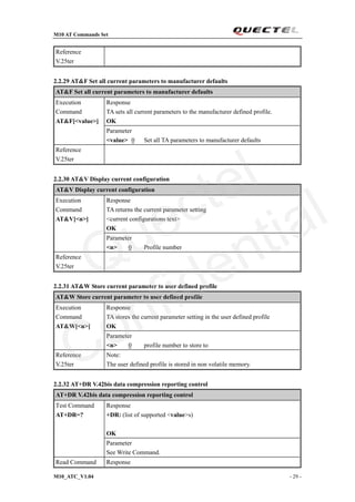 M10 AT Commands Set
M10_ATC_V1.04 - 29 -
Reference
V.25ter
2.2.29 AT&F Set all current parameters to manufacturer defaults
AT&F Set all current parameters to manufacturer defaults
Response
TA sets all current parameters to the manufacturer defined profile.
OK
Execution
Command
AT&F[<value>]
Parameter
<value> 0 Set all TA parameters to manufacturer defaults
Reference
V.25ter
2.2.30 AT&V Display current configuration
AT&V Display current configuration
Response
TA returns the current parameter setting
<current configurations text>
OK
Execution
Command
AT&V[<n>]
Parameter
<n> 0 Profile number
Reference
V.25ter
2.2.31 AT&W Store current parameter to user defined profile
AT&W Store current parameter to user defined profile
Response
TA stores the current parameter setting in the user defined profile
OK
Execution
Command
AT&W[<n>]
Parameter
<n> 0 profile number to store to
Reference
V.25ter
Note:
The user defined profile is stored in non volatile memory.
2.2.32 AT+DR V.42bis data compression reporting control
AT+DR V.42bis data compression reporting control
Response
+DR: (list of supported <value>s)
OK
Test Command
AT+DR=?
Parameter
See Write Command.
Read Command Response
Quectel
Confidential
 