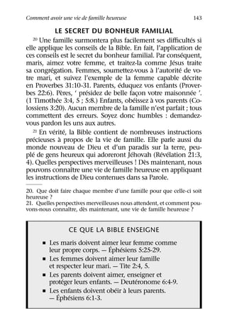 Comment avoir une vie de famille heureuse                         143

              LE SECRET DU BONHEUR FAMILIAL
                                                                ´
  20   Une famille surmontera plus facilement ses diﬃcultes si
elle applique les conseils de la Bible. En fait, l’application de
                                                            ´
ces conseils est le secret du bonheur familial. Par consequent,
                                                       ´
maris, aimez votre femme, et traitez-la comme Jesus traite
           ´                                   `          ´
sa congregation. Femmes, soumettez-vous a l’autorite de vo-
                                                              ´
tre mari, et suivez l’exemple de la femme capable decrite
                                   ´
en Proverbes 31:10-31. Parents, eduquez vos enfants (Prover-
                   `    ´                                         ´
bes 22:6). Peres, ‘ presidez de belle facon votre maisonnee ’.
                                           ¸
               ´                         ´     `
(1 Timothee 3:4, 5 ; 5:8.) Enfants, obeissez a vos parents (Co-
lossiens 3:20). Aucun membre de la famille n’est parfait ; tous
commettent des erreurs. Soyez donc humbles : demandez-
vous pardon les uns aux autres.
             ´ ´
   21 En verite, la Bible contient de nombreuses instructions
     ´           `
precieuses a propos de la vie de famille. Elle parle aussi du
monde nouveau de Dieu et d’un paradis sur la terre, peu-
   ´                                   ´           ´ ´
ple de gens heureux qui adoreront Jehovah (Revelation 21:3,
                                             `
4). Quelles perspectives merveilleuses ! Des maintenant, nous
                     ˆ
pouvons connaıtre une vie de famille heureuse en appliquant
les instructions de Dieu contenues dans sa Parole.
20. Que doit faire chaque membre d’une famille pour que celle-ci soit
heureuse ?
21. Quelles perspectives merveilleuses nous attendent, et comment pou-
                 ˆ     `
vons-nous connaıtre, des maintenant, une vie de famille heureuse ?


                 CE QUE LA BIBLE ENSEIGNE
       ˇ Les maris doivent aimer leur femme comme
                                ´   ´
         leur propre corps. — Ephesiens 5:25-29.
       ˇ Les femmes doivent aimer leur famille
         et respecter leur mari. — Tite 2:4, 5.
       ˇ Les parents doivent aimer, enseigner et
               ´                         ´
         proteger leurs enfants. — Deuteronome 6:4-9.
                                  ´ `
       ˇ Les´ enfants doivent obeir a leurs parents.
                 ´
         — Ephesiens 6:1-3.
 