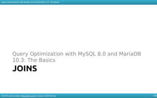 © 2018 Jaime Crespo. http://jynus.com. License: CC-BY-SA-4.0
Query Optimization with MySQL 8.0 and MariaDB 10.3: The Basics
135
JOINS
Query Optimization with MySQL 8.0 and MariaDB
10.3: The Basics
 