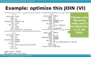 © 2018 Jaime Crespo. http://jynus.com. License: CC-BY-SA-4.0
Query Optimization with MySQL 8.0 and MariaDB 10.3: The Basics
144
Example: optimize this JOIN (VI)
********************** 1. row **********************
id: 1
select_type: SIMPLE
table: w_t
type: ref
possible_keys: PRIMARY,k_idx
key: k_idx
key_len: 767
ref: const
rows: 452274
Extra: Using where; Using index
********************** 2. row **********************
id: 1
select_type: SIMPLE
table: w_n
type: ref
possible_keys: PRIMARY
key: PRIMARY
key_len: 16
ref: osm.w_t.way_id,osm.w_t.version
rows: 3
Extra: NULL
mysql (osm) > SELECT …
858 rows in set (7.33 sec)
********************** 3. row **********************
id: 1
select_type: SIMPLE
table: n_t
type: ref
possible_keys: PRIMARY,k_idx
key: PRIMARY
key_len: 8
ref: osm.w_n.node_id
rows: 1
Extra: Using where
********************** 4. row **********************
id: 1
select_type: SIMPLE
table: n
type: eq_ref
possible_keys: PRIMARY
key: PRIMARY
key_len: 16
ref: osm.w_n.node_id,osm.n_t.version
rows: 1
Extra: NULL
4 rows in set (0.00 sec)
It keeps using
the wrong
order, even if
we delete the
w_t.k_idx
index
It keeps using
the wrong
order, even if
we delete the
w_t.k_idx
index
 