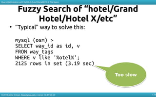 © 2018 Jaime Crespo. http://jynus.com. License: CC-BY-SA-4.0
Query Optimization with MySQL 8.0 and MariaDB 10.3: The Basics
171
Fuzzy Search of “hotel/Grand
Hotel/Hotel X/etc”
●
“Typical” way to solve this:
mysql (osm) >
SELECT way_id as id, v
FROM way_tags
WHERE v like '%otel%';
2125 rows in set (3.19 sec)
Too slowToo slow
 
