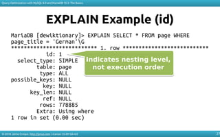 © 2018 Jaime Crespo. http://jynus.com. License: CC-BY-SA-4.0
Query Optimization with MySQL 8.0 and MariaDB 10.3: The Basics
27
EXPLAIN Example (id)
MariaDB [dewiktionary]> EXPLAIN SELECT * FROM page WHERE
page_title = 'German'G
*************************** 1. row ***************************
id: 1
select_type: SIMPLE
table: page
type: ALL
possible_keys: NULL
key: NULL
key_len: NULL
ref: NULL
rows: 778885
Extra: Using where
1 row in set (0.00 sec)
Indicates nesting level,
not execution order
Indicates nesting level,
not execution order
 