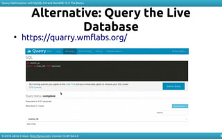 © 2018 Jaime Crespo. http://jynus.com. License: CC-BY-SA-4.0
Query Optimization with MySQL 8.0 and MariaDB 10.3: The Basics
8
Alternative: Query the Live
Database
●
https://quarry.wmflabs.org/
 