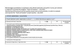 Monitoraggio	
  quan,ta,vo	
  e	
  qualita,vo	
  sulle	
  a1vità	
  realizzate	
  e	
  di	
  quelle	
  in	
  corso,	
  per	
  valutare	
  
e	
  migliorare	
  la	
  qualità	
  del	
  proge9o	
  “Taste	
  of	
  Freedom”	
  –	
  July	
  2015
Monitoring	
  of	
  the	
  amount	
  and	
  the	
  quality	
  of	
  past	
  and	
  current	
  ac6vi6es,	
  in	
  order	
  to	
  evaluate	
  
and	
  improve	
  the	
  “Taste	
  of	
  Freedom”	
  project	
  quality	
  –	
  July	
  2015
	
  1.	
  ATTIVITA’	
  LABORATORIALI	
  	
  /	
  LAB	
  ACTIVITIES	
  1.	
  ATTIVITA’	
  LABORATORIALI	
  	
  /	
  LAB	
  ACTIVITIES	
  1.	
  ATTIVITA’	
  LABORATORIALI	
  	
  /	
  LAB	
  ACTIVITIES	
  1.	
  ATTIVITA’	
  LABORATORIALI	
  	
  /	
  LAB	
  ACTIVITIES	
  1.	
  ATTIVITA’	
  LABORATORIALI	
  	
  /	
  LAB	
  ACTIVITIES	
  1.	
  ATTIVITA’	
  LABORATORIALI	
  	
  /	
  LAB	
  ACTIVITIES	
  1.	
  ATTIVITA’	
  LABORATORIALI	
  	
  /	
  LAB	
  ACTIVITIES	
  1.	
  ATTIVITA’	
  LABORATORIALI	
  	
  /	
  LAB	
  ACTIVITIES	
  1.	
  ATTIVITA’	
  LABORATORIALI	
  	
  /	
  LAB	
  ACTIVITIES
1.1	
  Quali	
  Laboratori	
  avete	
  	
  organizzato	
  in	
  carcere	
  ?	
  	
  	
  /	
  	
  	
  1.1	
  Which	
  labs	
  did	
  you	
  organise	
  in	
  jail	
  ?	
  	
  1.1	
  Quali	
  Laboratori	
  avete	
  	
  organizzato	
  in	
  carcere	
  ?	
  	
  	
  /	
  	
  	
  1.1	
  Which	
  labs	
  did	
  you	
  organise	
  in	
  jail	
  ?	
  	
  1.1	
  Quali	
  Laboratori	
  avete	
  	
  organizzato	
  in	
  carcere	
  ?	
  	
  	
  /	
  	
  	
  1.1	
  Which	
  labs	
  did	
  you	
  organise	
  in	
  jail	
  ?	
  	
  1.1	
  Quali	
  Laboratori	
  avete	
  	
  organizzato	
  in	
  carcere	
  ?	
  	
  	
  /	
  	
  	
  1.1	
  Which	
  labs	
  did	
  you	
  organise	
  in	
  jail	
  ?	
  	
  1.1	
  Quali	
  Laboratori	
  avete	
  	
  organizzato	
  in	
  carcere	
  ?	
  	
  	
  /	
  	
  	
  1.1	
  Which	
  labs	
  did	
  you	
  organise	
  in	
  jail	
  ?	
  	
  1.1	
  Quali	
  Laboratori	
  avete	
  	
  organizzato	
  in	
  carcere	
  ?	
  	
  	
  /	
  	
  	
  1.1	
  Which	
  labs	
  did	
  you	
  organise	
  in	
  jail	
  ?	
  	
  1.1	
  Quali	
  Laboratori	
  avete	
  	
  organizzato	
  in	
  carcere	
  ?	
  	
  	
  /	
  	
  	
  1.1	
  Which	
  labs	
  did	
  you	
  organise	
  in	
  jail	
  ?	
  	
  1.1	
  Quali	
  Laboratori	
  avete	
  	
  organizzato	
  in	
  carcere	
  ?	
  	
  	
  /	
  	
  	
  1.1	
  Which	
  labs	
  did	
  you	
  organise	
  in	
  jail	
  ?	
  	
  1.1	
  Quali	
  Laboratori	
  avete	
  	
  organizzato	
  in	
  carcere	
  ?	
  	
  	
  /	
  	
  	
  1.1	
  Which	
  labs	
  did	
  you	
  organise	
  in	
  jail	
  ?	
  	
  
a)	
  Laboratori	
  del	
  Gusto	
  /	
  Taste	
  labs SI	
  /	
  YESSI	
  /	
  YESSI	
  /	
  YES NONONO DA	
  ORGANIZZARE
PLANNED
DA	
  ORGANIZZARE
PLANNED
Se	
  SI	
  quan=	
  e	
  quali	
  /	
  If	
  YES	
  how	
  many	
  and	
  which	
  are	
  they
During	
  the	
  period	
  of	
  1	
  December	
  2013	
  –	
  1	
  July	
  2015	
  there	
  were	
  14	
  taste	
  labs	
  organized	
  in	
  the	
  Panevezys	
  CorrecFon	
  House.	
  These	
  are:
1.	
  WORKSHOP	
  “LITHUANIAN	
  APPLE	
  DAY”;
2.	
  WORKSHOP	
  “TO	
  THE	
  ORIGINS	
  OF	
  TASTE”;
3.	
  WORKSHOP	
  ORGANISED	
  DURING	
  THE	
  PARTNERS	
  VISIT	
  “A	
  GLIMPSE	
  INTO	
  EUROPEAN	
  CUISINE”;
4.	
  WORKSHOP	
  “MODERN	
  CONCEPT	
  OF	
  HEALTHY	
  EATING.	
  LIVING	
  FOODS.	
  GROWING	
  EDIBLE	
  SPROUTS	
  AT	
  HOME”;
5.	
  WORKSHOP	
  “LITHUANIAN	
  MEDICINAL	
  PLANTS”;
6.	
  WORKSHOP	
  “LITHUANIAN	
  MEDICINAL	
  PLANTS.	
  PART	
  II”;
7.	
  WORKSHOP	
  “FRESH	
  JUICES”;
8.	
  AFTERNOON	
  EVENT	
  “TEA	
  DRINKING	
  TRADITIONS”;
9.	
  WORKSHOP	
  “COOKING	
  FOR	
  KIDS”.
10.	
  FIVE	
  COOKING	
  WORKSHOPS	
  TO	
  TRY	
  AND	
  CHOOSE	
  THE	
  BEST	
  RECIPES	
  FOR	
  THE	
  BOOK.
Se	
  SI	
  quan=	
  e	
  quali	
  /	
  If	
  YES	
  how	
  many	
  and	
  which	
  are	
  they
During	
  the	
  period	
  of	
  1	
  December	
  2013	
  –	
  1	
  July	
  2015	
  there	
  were	
  14	
  taste	
  labs	
  organized	
  in	
  the	
  Panevezys	
  CorrecFon	
  House.	
  These	
  are:
1.	
  WORKSHOP	
  “LITHUANIAN	
  APPLE	
  DAY”;
2.	
  WORKSHOP	
  “TO	
  THE	
  ORIGINS	
  OF	
  TASTE”;
3.	
  WORKSHOP	
  ORGANISED	
  DURING	
  THE	
  PARTNERS	
  VISIT	
  “A	
  GLIMPSE	
  INTO	
  EUROPEAN	
  CUISINE”;
4.	
  WORKSHOP	
  “MODERN	
  CONCEPT	
  OF	
  HEALTHY	
  EATING.	
  LIVING	
  FOODS.	
  GROWING	
  EDIBLE	
  SPROUTS	
  AT	
  HOME”;
5.	
  WORKSHOP	
  “LITHUANIAN	
  MEDICINAL	
  PLANTS”;
6.	
  WORKSHOP	
  “LITHUANIAN	
  MEDICINAL	
  PLANTS.	
  PART	
  II”;
7.	
  WORKSHOP	
  “FRESH	
  JUICES”;
8.	
  AFTERNOON	
  EVENT	
  “TEA	
  DRINKING	
  TRADITIONS”;
9.	
  WORKSHOP	
  “COOKING	
  FOR	
  KIDS”.
10.	
  FIVE	
  COOKING	
  WORKSHOPS	
  TO	
  TRY	
  AND	
  CHOOSE	
  THE	
  BEST	
  RECIPES	
  FOR	
  THE	
  BOOK.
Se	
  SI	
  quan=	
  e	
  quali	
  /	
  If	
  YES	
  how	
  many	
  and	
  which	
  are	
  they
During	
  the	
  period	
  of	
  1	
  December	
  2013	
  –	
  1	
  July	
  2015	
  there	
  were	
  14	
  taste	
  labs	
  organized	
  in	
  the	
  Panevezys	
  CorrecFon	
  House.	
  These	
  are:
1.	
  WORKSHOP	
  “LITHUANIAN	
  APPLE	
  DAY”;
2.	
  WORKSHOP	
  “TO	
  THE	
  ORIGINS	
  OF	
  TASTE”;
3.	
  WORKSHOP	
  ORGANISED	
  DURING	
  THE	
  PARTNERS	
  VISIT	
  “A	
  GLIMPSE	
  INTO	
  EUROPEAN	
  CUISINE”;
4.	
  WORKSHOP	
  “MODERN	
  CONCEPT	
  OF	
  HEALTHY	
  EATING.	
  LIVING	
  FOODS.	
  GROWING	
  EDIBLE	
  SPROUTS	
  AT	
  HOME”;
5.	
  WORKSHOP	
  “LITHUANIAN	
  MEDICINAL	
  PLANTS”;
6.	
  WORKSHOP	
  “LITHUANIAN	
  MEDICINAL	
  PLANTS.	
  PART	
  II”;
7.	
  WORKSHOP	
  “FRESH	
  JUICES”;
8.	
  AFTERNOON	
  EVENT	
  “TEA	
  DRINKING	
  TRADITIONS”;
9.	
  WORKSHOP	
  “COOKING	
  FOR	
  KIDS”.
10.	
  FIVE	
  COOKING	
  WORKSHOPS	
  TO	
  TRY	
  AND	
  CHOOSE	
  THE	
  BEST	
  RECIPES	
  FOR	
  THE	
  BOOK.
Se	
  SI	
  quan=	
  e	
  quali	
  /	
  If	
  YES	
  how	
  many	
  and	
  which	
  are	
  they
During	
  the	
  period	
  of	
  1	
  December	
  2013	
  –	
  1	
  July	
  2015	
  there	
  were	
  14	
  taste	
  labs	
  organized	
  in	
  the	
  Panevezys	
  CorrecFon	
  House.	
  These	
  are:
1.	
  WORKSHOP	
  “LITHUANIAN	
  APPLE	
  DAY”;
2.	
  WORKSHOP	
  “TO	
  THE	
  ORIGINS	
  OF	
  TASTE”;
3.	
  WORKSHOP	
  ORGANISED	
  DURING	
  THE	
  PARTNERS	
  VISIT	
  “A	
  GLIMPSE	
  INTO	
  EUROPEAN	
  CUISINE”;
4.	
  WORKSHOP	
  “MODERN	
  CONCEPT	
  OF	
  HEALTHY	
  EATING.	
  LIVING	
  FOODS.	
  GROWING	
  EDIBLE	
  SPROUTS	
  AT	
  HOME”;
5.	
  WORKSHOP	
  “LITHUANIAN	
  MEDICINAL	
  PLANTS”;
6.	
  WORKSHOP	
  “LITHUANIAN	
  MEDICINAL	
  PLANTS.	
  PART	
  II”;
7.	
  WORKSHOP	
  “FRESH	
  JUICES”;
8.	
  AFTERNOON	
  EVENT	
  “TEA	
  DRINKING	
  TRADITIONS”;
9.	
  WORKSHOP	
  “COOKING	
  FOR	
  KIDS”.
10.	
  FIVE	
  COOKING	
  WORKSHOPS	
  TO	
  TRY	
  AND	
  CHOOSE	
  THE	
  BEST	
  RECIPES	
  FOR	
  THE	
  BOOK.
Se	
  SI	
  quan=	
  e	
  quali	
  /	
  If	
  YES	
  how	
  many	
  and	
  which	
  are	
  they
During	
  the	
  period	
  of	
  1	
  December	
  2013	
  –	
  1	
  July	
  2015	
  there	
  were	
  14	
  taste	
  labs	
  organized	
  in	
  the	
  Panevezys	
  CorrecFon	
  House.	
  These	
  are:
1.	
  WORKSHOP	
  “LITHUANIAN	
  APPLE	
  DAY”;
2.	
  WORKSHOP	
  “TO	
  THE	
  ORIGINS	
  OF	
  TASTE”;
3.	
  WORKSHOP	
  ORGANISED	
  DURING	
  THE	
  PARTNERS	
  VISIT	
  “A	
  GLIMPSE	
  INTO	
  EUROPEAN	
  CUISINE”;
4.	
  WORKSHOP	
  “MODERN	
  CONCEPT	
  OF	
  HEALTHY	
  EATING.	
  LIVING	
  FOODS.	
  GROWING	
  EDIBLE	
  SPROUTS	
  AT	
  HOME”;
5.	
  WORKSHOP	
  “LITHUANIAN	
  MEDICINAL	
  PLANTS”;
6.	
  WORKSHOP	
  “LITHUANIAN	
  MEDICINAL	
  PLANTS.	
  PART	
  II”;
7.	
  WORKSHOP	
  “FRESH	
  JUICES”;
8.	
  AFTERNOON	
  EVENT	
  “TEA	
  DRINKING	
  TRADITIONS”;
9.	
  WORKSHOP	
  “COOKING	
  FOR	
  KIDS”.
10.	
  FIVE	
  COOKING	
  WORKSHOPS	
  TO	
  TRY	
  AND	
  CHOOSE	
  THE	
  BEST	
  RECIPES	
  FOR	
  THE	
  BOOK.
Se	
  SI	
  quan=	
  e	
  quali	
  /	
  If	
  YES	
  how	
  many	
  and	
  which	
  are	
  they
During	
  the	
  period	
  of	
  1	
  December	
  2013	
  –	
  1	
  July	
  2015	
  there	
  were	
  14	
  taste	
  labs	
  organized	
  in	
  the	
  Panevezys	
  CorrecFon	
  House.	
  These	
  are:
1.	
  WORKSHOP	
  “LITHUANIAN	
  APPLE	
  DAY”;
2.	
  WORKSHOP	
  “TO	
  THE	
  ORIGINS	
  OF	
  TASTE”;
3.	
  WORKSHOP	
  ORGANISED	
  DURING	
  THE	
  PARTNERS	
  VISIT	
  “A	
  GLIMPSE	
  INTO	
  EUROPEAN	
  CUISINE”;
4.	
  WORKSHOP	
  “MODERN	
  CONCEPT	
  OF	
  HEALTHY	
  EATING.	
  LIVING	
  FOODS.	
  GROWING	
  EDIBLE	
  SPROUTS	
  AT	
  HOME”;
5.	
  WORKSHOP	
  “LITHUANIAN	
  MEDICINAL	
  PLANTS”;
6.	
  WORKSHOP	
  “LITHUANIAN	
  MEDICINAL	
  PLANTS.	
  PART	
  II”;
7.	
  WORKSHOP	
  “FRESH	
  JUICES”;
8.	
  AFTERNOON	
  EVENT	
  “TEA	
  DRINKING	
  TRADITIONS”;
9.	
  WORKSHOP	
  “COOKING	
  FOR	
  KIDS”.
10.	
  FIVE	
  COOKING	
  WORKSHOPS	
  TO	
  TRY	
  AND	
  CHOOSE	
  THE	
  BEST	
  RECIPES	
  FOR	
  THE	
  BOOK.
Se	
  SI	
  quan=	
  e	
  quali	
  /	
  If	
  YES	
  how	
  many	
  and	
  which	
  are	
  they
During	
  the	
  period	
  of	
  1	
  December	
  2013	
  –	
  1	
  July	
  2015	
  there	
  were	
  14	
  taste	
  labs	
  organized	
  in	
  the	
  Panevezys	
  CorrecFon	
  House.	
  These	
  are:
1.	
  WORKSHOP	
  “LITHUANIAN	
  APPLE	
  DAY”;
2.	
  WORKSHOP	
  “TO	
  THE	
  ORIGINS	
  OF	
  TASTE”;
3.	
  WORKSHOP	
  ORGANISED	
  DURING	
  THE	
  PARTNERS	
  VISIT	
  “A	
  GLIMPSE	
  INTO	
  EUROPEAN	
  CUISINE”;
4.	
  WORKSHOP	
  “MODERN	
  CONCEPT	
  OF	
  HEALTHY	
  EATING.	
  LIVING	
  FOODS.	
  GROWING	
  EDIBLE	
  SPROUTS	
  AT	
  HOME”;
5.	
  WORKSHOP	
  “LITHUANIAN	
  MEDICINAL	
  PLANTS”;
6.	
  WORKSHOP	
  “LITHUANIAN	
  MEDICINAL	
  PLANTS.	
  PART	
  II”;
7.	
  WORKSHOP	
  “FRESH	
  JUICES”;
8.	
  AFTERNOON	
  EVENT	
  “TEA	
  DRINKING	
  TRADITIONS”;
9.	
  WORKSHOP	
  “COOKING	
  FOR	
  KIDS”.
10.	
  FIVE	
  COOKING	
  WORKSHOPS	
  TO	
  TRY	
  AND	
  CHOOSE	
  THE	
  BEST	
  RECIPES	
  FOR	
  THE	
  BOOK.
Se	
  SI	
  quan=	
  e	
  quali	
  /	
  If	
  YES	
  how	
  many	
  and	
  which	
  are	
  they
During	
  the	
  period	
  of	
  1	
  December	
  2013	
  –	
  1	
  July	
  2015	
  there	
  were	
  14	
  taste	
  labs	
  organized	
  in	
  the	
  Panevezys	
  CorrecFon	
  House.	
  These	
  are:
1.	
  WORKSHOP	
  “LITHUANIAN	
  APPLE	
  DAY”;
2.	
  WORKSHOP	
  “TO	
  THE	
  ORIGINS	
  OF	
  TASTE”;
3.	
  WORKSHOP	
  ORGANISED	
  DURING	
  THE	
  PARTNERS	
  VISIT	
  “A	
  GLIMPSE	
  INTO	
  EUROPEAN	
  CUISINE”;
4.	
  WORKSHOP	
  “MODERN	
  CONCEPT	
  OF	
  HEALTHY	
  EATING.	
  LIVING	
  FOODS.	
  GROWING	
  EDIBLE	
  SPROUTS	
  AT	
  HOME”;
5.	
  WORKSHOP	
  “LITHUANIAN	
  MEDICINAL	
  PLANTS”;
6.	
  WORKSHOP	
  “LITHUANIAN	
  MEDICINAL	
  PLANTS.	
  PART	
  II”;
7.	
  WORKSHOP	
  “FRESH	
  JUICES”;
8.	
  AFTERNOON	
  EVENT	
  “TEA	
  DRINKING	
  TRADITIONS”;
9.	
  WORKSHOP	
  “COOKING	
  FOR	
  KIDS”.
10.	
  FIVE	
  COOKING	
  WORKSHOPS	
  TO	
  TRY	
  AND	
  CHOOSE	
  THE	
  BEST	
  RECIPES	
  FOR	
  THE	
  BOOK.
Se	
  SI	
  quan=	
  e	
  quali	
  /	
  If	
  YES	
  how	
  many	
  and	
  which	
  are	
  they
During	
  the	
  period	
  of	
  1	
  December	
  2013	
  –	
  1	
  July	
  2015	
  there	
  were	
  14	
  taste	
  labs	
  organized	
  in	
  the	
  Panevezys	
  CorrecFon	
  House.	
  These	
  are:
1.	
  WORKSHOP	
  “LITHUANIAN	
  APPLE	
  DAY”;
2.	
  WORKSHOP	
  “TO	
  THE	
  ORIGINS	
  OF	
  TASTE”;
3.	
  WORKSHOP	
  ORGANISED	
  DURING	
  THE	
  PARTNERS	
  VISIT	
  “A	
  GLIMPSE	
  INTO	
  EUROPEAN	
  CUISINE”;
4.	
  WORKSHOP	
  “MODERN	
  CONCEPT	
  OF	
  HEALTHY	
  EATING.	
  LIVING	
  FOODS.	
  GROWING	
  EDIBLE	
  SPROUTS	
  AT	
  HOME”;
5.	
  WORKSHOP	
  “LITHUANIAN	
  MEDICINAL	
  PLANTS”;
6.	
  WORKSHOP	
  “LITHUANIAN	
  MEDICINAL	
  PLANTS.	
  PART	
  II”;
7.	
  WORKSHOP	
  “FRESH	
  JUICES”;
8.	
  AFTERNOON	
  EVENT	
  “TEA	
  DRINKING	
  TRADITIONS”;
9.	
  WORKSHOP	
  “COOKING	
  FOR	
  KIDS”.
10.	
  FIVE	
  COOKING	
  WORKSHOPS	
  TO	
  TRY	
  AND	
  CHOOSE	
  THE	
  BEST	
  RECIPES	
  FOR	
  THE	
  BOOK.
Se	
  NO	
  perchè	
  /	
  If	
  NO	
  explain	
  whySe	
  NO	
  perchè	
  /	
  If	
  NO	
  explain	
  whySe	
  NO	
  perchè	
  /	
  If	
  NO	
  explain	
  whySe	
  NO	
  perchè	
  /	
  If	
  NO	
  explain	
  whySe	
  NO	
  perchè	
  /	
  If	
  NO	
  explain	
  whySe	
  NO	
  perchè	
  /	
  If	
  NO	
  explain	
  whySe	
  NO	
  perchè	
  /	
  If	
  NO	
  explain	
  whySe	
  NO	
  perchè	
  /	
  If	
  NO	
  explain	
  whySe	
  NO	
  perchè	
  /	
  If	
  NO	
  explain	
  why
b)	
  Laboratori	
  di	
  Agricoltura	
  	
  /	
  Agriculture	
  labs SI	
  /	
  YESSI	
  /	
  YESSI	
  /	
  YES NONONO DA	
  ORGANIZZARE
PLANNED
DA	
  ORGANIZZARE
PLANNED
 