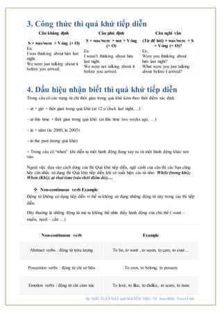 By NGÔ TUẤN ĐẠT and NGUYỄN DIỆU VY from RISE Tutors Club
3. Công thức thì quá khứ tiếp diễn
4. Dấu hiệu nhận biết thì quá khứ tiếp diễn
Trong câu có các trạng từ chỉ thời gian trong quá khứ kèm theo thời điểm xác định.
– at + giờ + thời gian trong quá khứ (at 12 o’clock last night,…)
– at this time + thời gian trong quá khứ. (at this time two weeks ago, …)
– in + năm (in 2000, in 2005)
– in the past (trong quá khứ)
+ Trong câu có “when” khi diễn tả một hành động đang xảy ra và một hành động khác xen
vào.
Ngoài việc dựa vào cách dùng của thì Quá khứ tiếp diễn, ngữ cảnh của câu thì các bạn cũng
hãy cân nhắc sử dụng thì Quá khứ tiếp diễn khi có xuất hiện các từ như: While (trong khi);
When (Khi); at that time (vào thời điểm đó);…
 Non-continuous verb Example
Động từ không có dạng tiếp diễn vì thế ta không sử dụng những động từ này trong các thì tiếp
diễn.
Đây thường là những động từ mà ta không thể nhìn thấy hành động của chủ thể ( want –
muốn, need – cần …)
Non-continuous verb Example
Abstract verbs : động từ trừu tượng To be, to want , to seem, to care, to exist…
Possession verbs : động từ chỉ sở hữu To own, to belong, to possess
Emotion verbs : động từ chỉ cảm xúc To love, to like, to dislike, to scare, to taste
Câu khẳng định Câu phủ định Câu nghi vấn
S + was/were + V-ing (+ O)
Ex:
I was thinking about him last
night.
We were just talking about it
before you arrived.
S + was/were + not + V-ing
(+ O)
Ex:
I wasn’t thinking about him
last night.
We were not talking about it
before you arrived.
(Từ để hỏi) + was/were + S
+ V-ing (+ O)?
Ex:
Were you thinking about
him last night?
What were you just talking
about before I arrived?
 