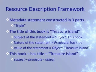 Resource Description Framework
Metadata statement constructed in 3 parts
“Triple”
The title of this book is “Treasure island”
Subject of the statement = Subject: This book
Nature of the statement = Predicate: has title
Value of the statement = Object: “Treasure island”
This book – has title – “Treasure island”
subject – predicate - object
 