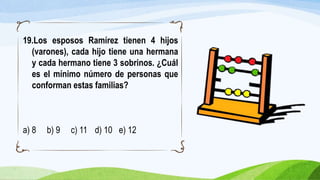 19.Los esposos Ramírez tienen 4 hijos
(varones), cada hijo tiene una hermana
y cada hermano tiene 3 sobrinos. ¿Cuál
es el mínimo número de personas que
conforman estas familias?
a) 8 b) 9 c) 11 d) 10 e) 12
 