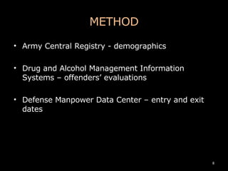 METHOD Army Central Registry - demographics Drug and Alcohol Management Information Systems – offenders’ evaluations Defense Manpower Data Center – entry and exit dates 