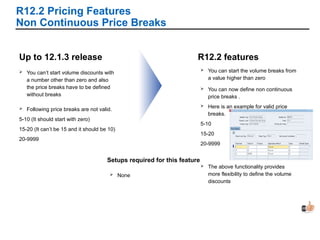 R12.2 Pricing Features
Non Continuous Price Breaks
R12.2 features
 You can’t start volume discounts with
a number other than zero and also
the price breaks have to be defined
without breaks
Up to 12.1.3 release
 You can now define non continuous
price breaks .
 You can start the volume breaks from
a value higher than zero
 The above functionality provides
more flexibility to define the volume
discounts
 Following price breaks are not valid.
5-10 (It should start with zero)
15-20 (It can’t be 15 and it should be 10)
20-9999
 Here is an example for valid price
breaks.
5-10
15-20
20-9999
Setups required for this feature
 None
 