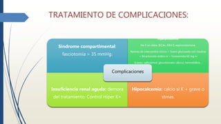 TRATAMIENTO DE COMPLICACIONES:
Síndrome compartimental:
fasciotomía > 35 mmHg.
Hiperpotasemia:
No K en dieta, IECAs, ARA II, espironolactona.
Resinas de intercambio iónico + Suero glucosado con insulina
+ Bicarbonato sódico iv + Furosemida 60 mg iv
Graves: salbutamol, glucobionato cálcico, hemodiálisis…
Insuficiencia renal aguda: demora
del tratamiento. Control Hiper K+
Hipocalcemia: calcio si K + grave o
stmas.
Complicaciones
 